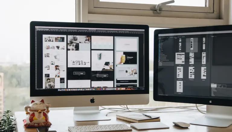 Two monitors setup next to each other on a computer desk.